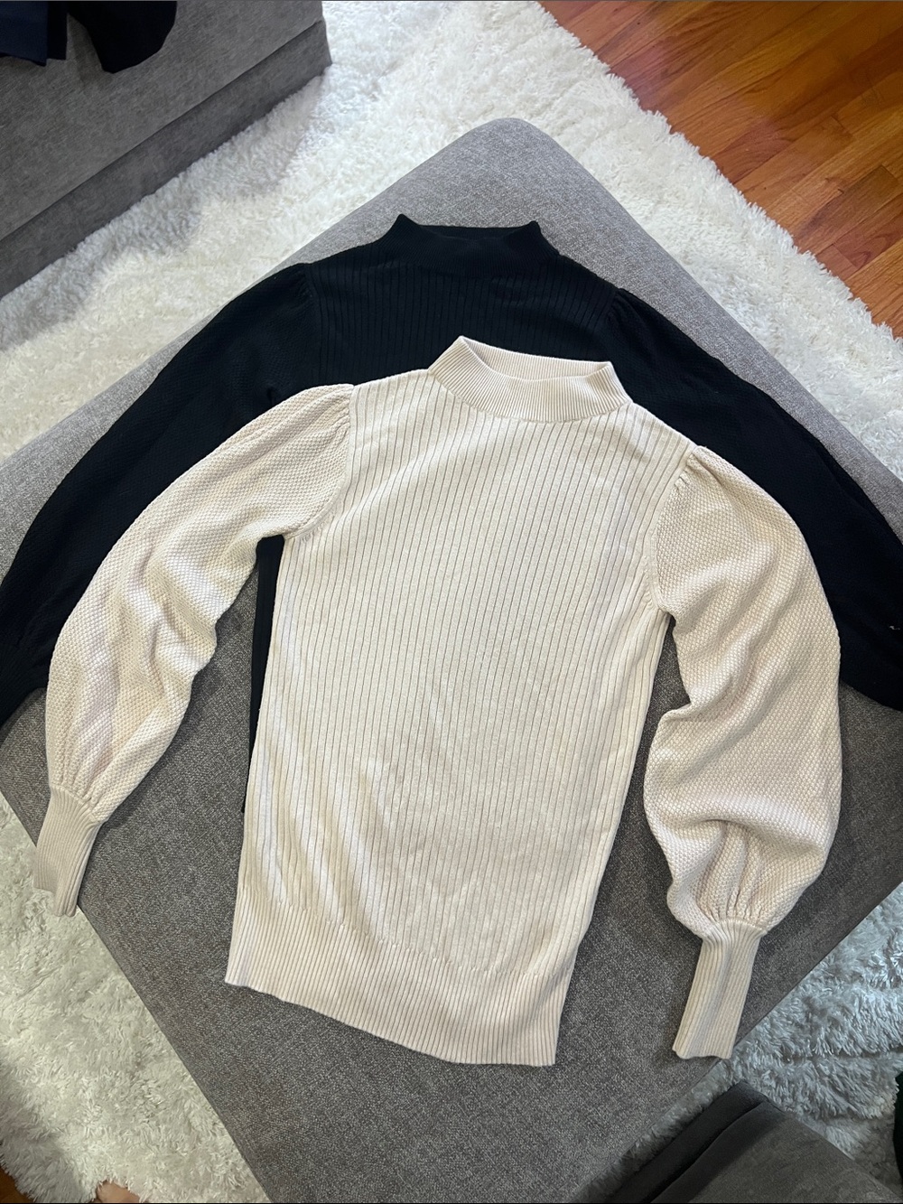 Trina Turk Ribbed Mock Neck Sweater in Cream & Black